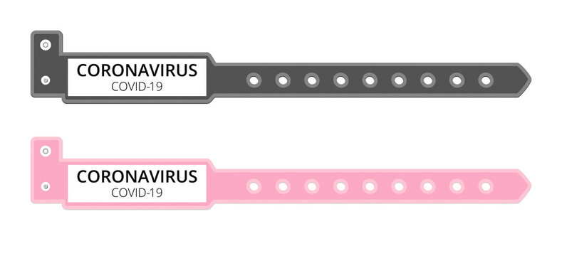 Vector set of two bracelets or wristbands for a hospital with text coronavirus covid-19. Pandemic concept. Coronavirus disease outbreak. Bracelets with safety lock isolated on white background.