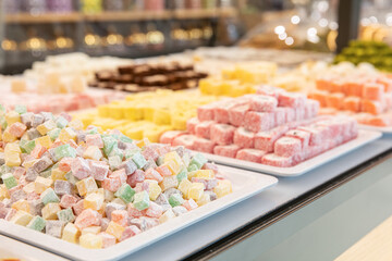 Traditional Turkish delight. Various pieces of arabic sweets or desserts for ramadan holiday 
