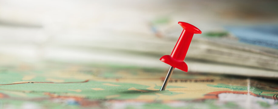 Location marking with pin on map. Travel and journey concept.