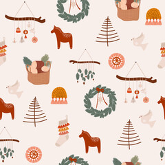 Seamless pattern with Christmas elements. Holidays wreath, firewood, toys, horse and birds. Editable vector illustration.