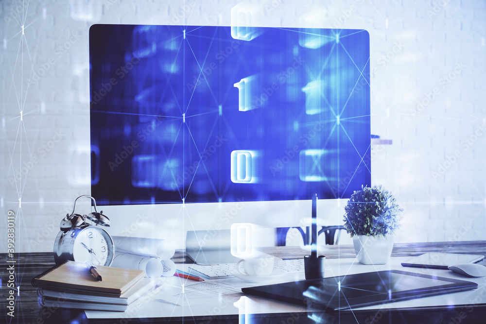 Aufkleber Double exposure of desktop with computer on background and tech theme drawing. Concept of big data.
