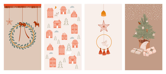 Fototapeta na wymiar Merry Christmas or Happy New Year vertical background for social media or mobile app template. Holidays boho elements in Scandinavian style. Editable Vector illustration