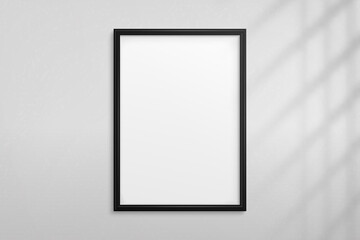Mockup black frame photo on wall with shadow. Mock up artwork picture framed. Vertical boarder. Empty board a4 photoframe. Modern 3d border for design prints poster, blank, painting image. Vector