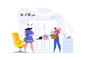Businesswoman fires bad employee vector illustration. Angry woman boss in office yells at worker.