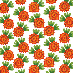 beautiful orange flowers garden and leaves pattern background