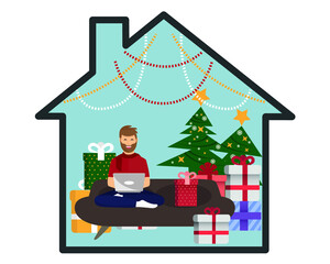 Young man celebrating Christmas at home. Is using a laptop. The house is decorated with Christmas ornaments and lights. flat modern vector.
