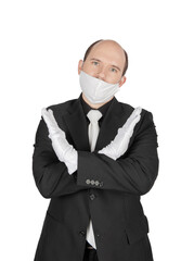 Business man wearing surgical medical virus protection white mask incorrect wrong way isolated on...