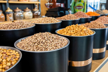 Pile of nuts and dried fruits on the market.