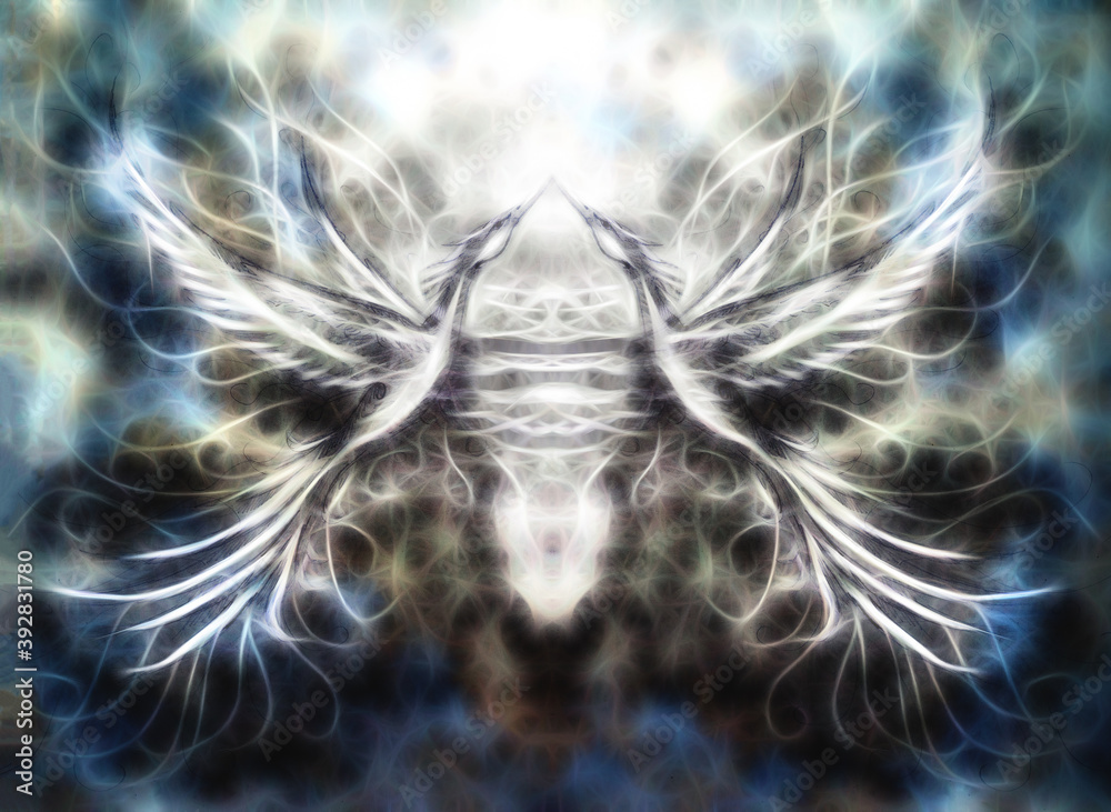 Poster flying phoenix bird as symbol of rebirth and new beginning and ancient ornament in background.