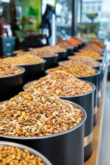 Pile of nuts and dried fruits on the market.