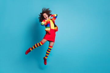 Fototapeta na wymiar Full body photo of attractive young careless girl wear skirt jump fly happy smile rejoice isolated over blue color background