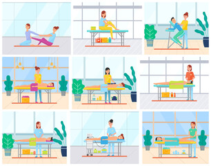 People getting relaxation and refreshment in spa salon vector, massage and procedures. Masseuse with client, facial and abdominal treatment, back and foot