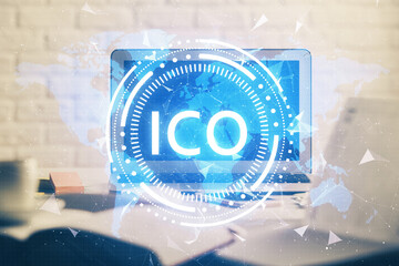 Multi exposure of blockchain and crypto economy theme hologram and table with computer background....