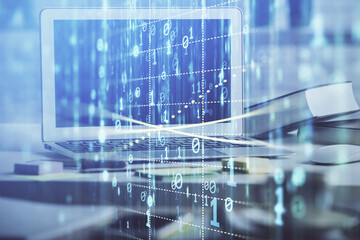 Multi exposure of desktop computer and technology theme hologram. Concept of software development.