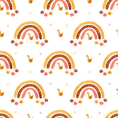 Watercolor seamless pattern with rainbows, flowers and little ducks on white. Perfect decoration for kids playroom, nursery, wallpapers, fabrics. Muted pastel colors. Wrapping papers, covers, textile