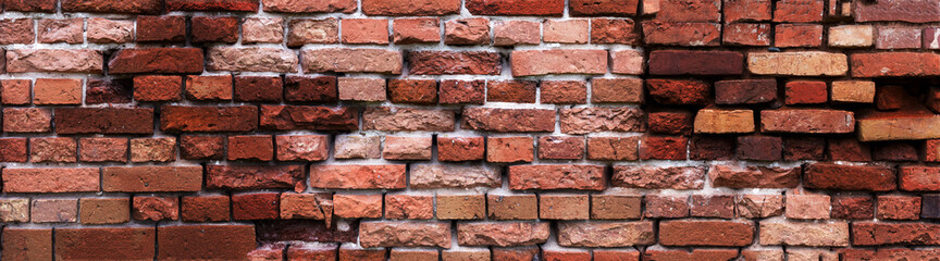 Obraz premium red old brick wall, texture background, high resolution banner and detail, wide panorama of masonry