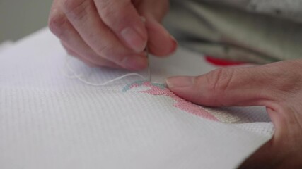 A close up of a lady sewing cross stitch, only the hands are visible.