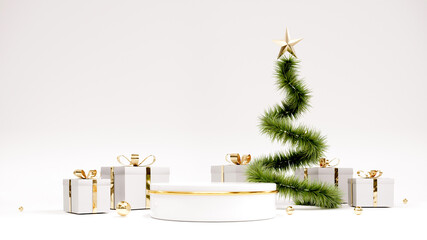 Happy New Year Background With Podium, Christmas tree and gifts. 3D rendering.