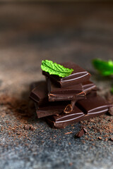 Dark chocolate slices with fresh mint.
