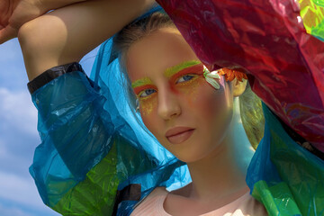 Creative fashionable beauty portrait of a beautiful young woman with long hair