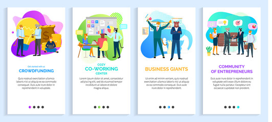 Business giants vector, crowdfunding and cozy coworking center for workers, hipster animals busy with working tasks, conference meeting. Website or slider app, landing page flat style