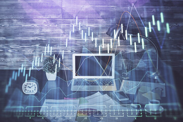 Multi exposure of chart and financial info and work space with computer background. Concept of international online trading.