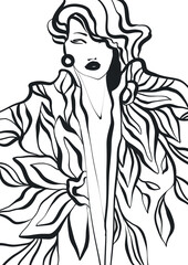 Fashion illustration, outline art, fashion coloring book, fashion sketch, hand drawn. Black and white luxury models. 