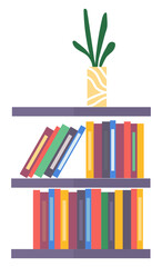 Bookshelf with books and vase with plant on white background. Home library with literature, vector illustration. Furniture and equipment for workplace. Wall shelves with colored folders, paper boxes