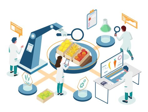 Food Laboratory Research Isometric Flowchart, Vector Illustration. Scientists, Male And Female Characters Testing Safety And Quality Of Food Products In Laboratory. Scientific Study Of Foods.