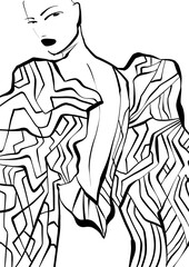 Fashion illustration, outline art, fashion coloring book, fashion sketch, hand drawn. Black and white luxury models. 