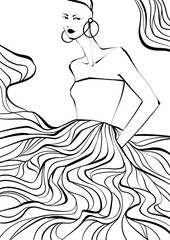 Fashion illustration, outline art, fashion coloring book, fashion sketch, hand drawn. Black and white luxury models. 