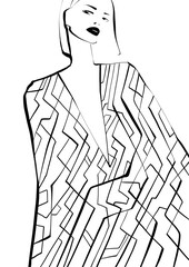 Fashion illustration, outline art, fashion coloring book, fashion sketch, hand drawn. Black and white luxury models. 