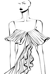 Fashion illustration, outline art, fashion coloring book, fashion sketch, hand drawn. Black and white luxury models. 