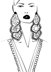 Fashion illustration, outline art, fashion coloring book, fashion sketch, hand drawn. Black and white luxury models. 