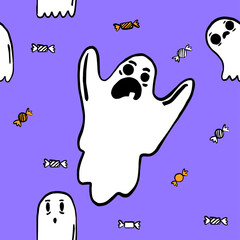 Halloween pattern with ghosts. Nice kids spooky halloween texture for textile, wrapping paper, cover, background, wallpaper. Seamless pattern with cute little cartoon ghosts.