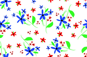 Abstract Hand Drawing Spring Ditsy Flowers and Leaves Repeating Vector Pattern Isolated Background