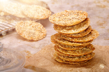 Fototapeta na wymiar Shortbread cookies with sesame seeds and empty space for text