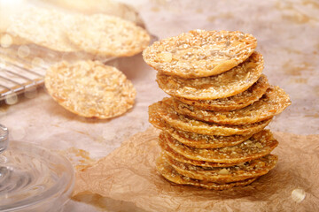 Shortbread cookies with sesame seeds and empty space for text