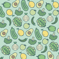 Pattern Fruits And Vegetables Green Background	