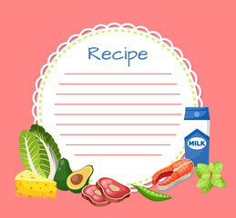 Banner, sticker, note for the recipe. Making the recipe for cooking. Set of products for cooking dishes vegetables, dairy products, fish and meat for the design of brochures, recipe cards, recipe book