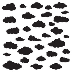 Black cartoon clouds set isolated on white background. Collection of different cartoon clouds for background template, wallpaper and sky design. Cartoon clouds vector. Sky illustration