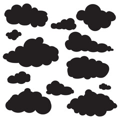 Black cartoon clouds set isolated on white background. Collection of different cartoon clouds for background template, wallpaper and sky design. Cartoon clouds vector. Sky illustration