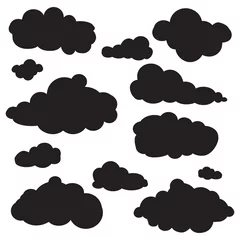 Poster Im Rahmen Black cartoon clouds set isolated on white background. Collection of different cartoon clouds for background template, wallpaper and sky design. Cartoon clouds vector. Sky illustration © Marinko