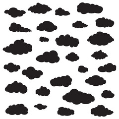 Black cartoon clouds set isolated on white background. Collection of different cartoon clouds for background template, wallpaper and sky design. Cartoon clouds vector. Sky illustration