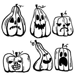Black and white contour set of pumpkins. Coloring book, coloring page for Halloween. Hand drawn cartoon pumpkins. Halloween scary Pumpkins. Set of Flat style vector spooky creepy pumpkins.