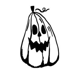 Halloween hand drawn vector clip art of pumpkin. Cartoon pumpkin with funny face. Coloring book page for Halloween. Coloring page. Black and White Cartoon Illustration.