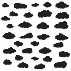 Black cartoon clouds set isolated on white background. Collection of different cartoon clouds for background template, wallpaper and sky design. Cartoon clouds vector. Sky illustration