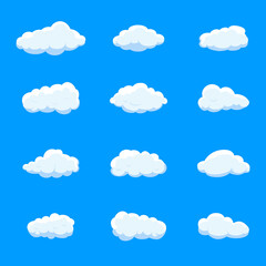 White cartoon clouds set isolated on blue background. Collection of different cartoon clouds for background template, wallpaper and sky design. Cartoon clouds vector. Sky illustration