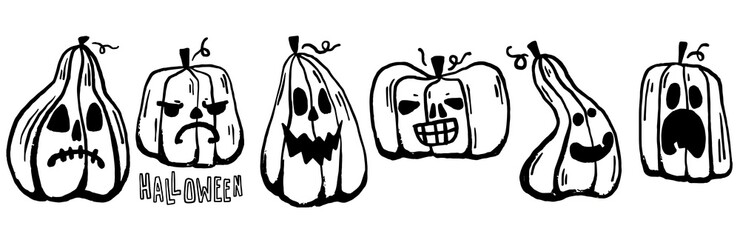 Black and white contour set of pumpkins. Coloring book, coloring page for Halloween. Hand drawn cartoon pumpkins. Halloween scary Pumpkins. Set of Flat style vector spooky creepy pumpkins.
