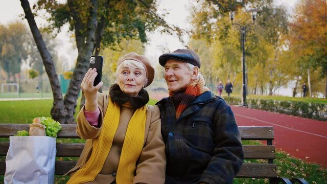 Elderly couple, grandparents smiling and taking selfies on cellphone while sitting on bench in autumn park